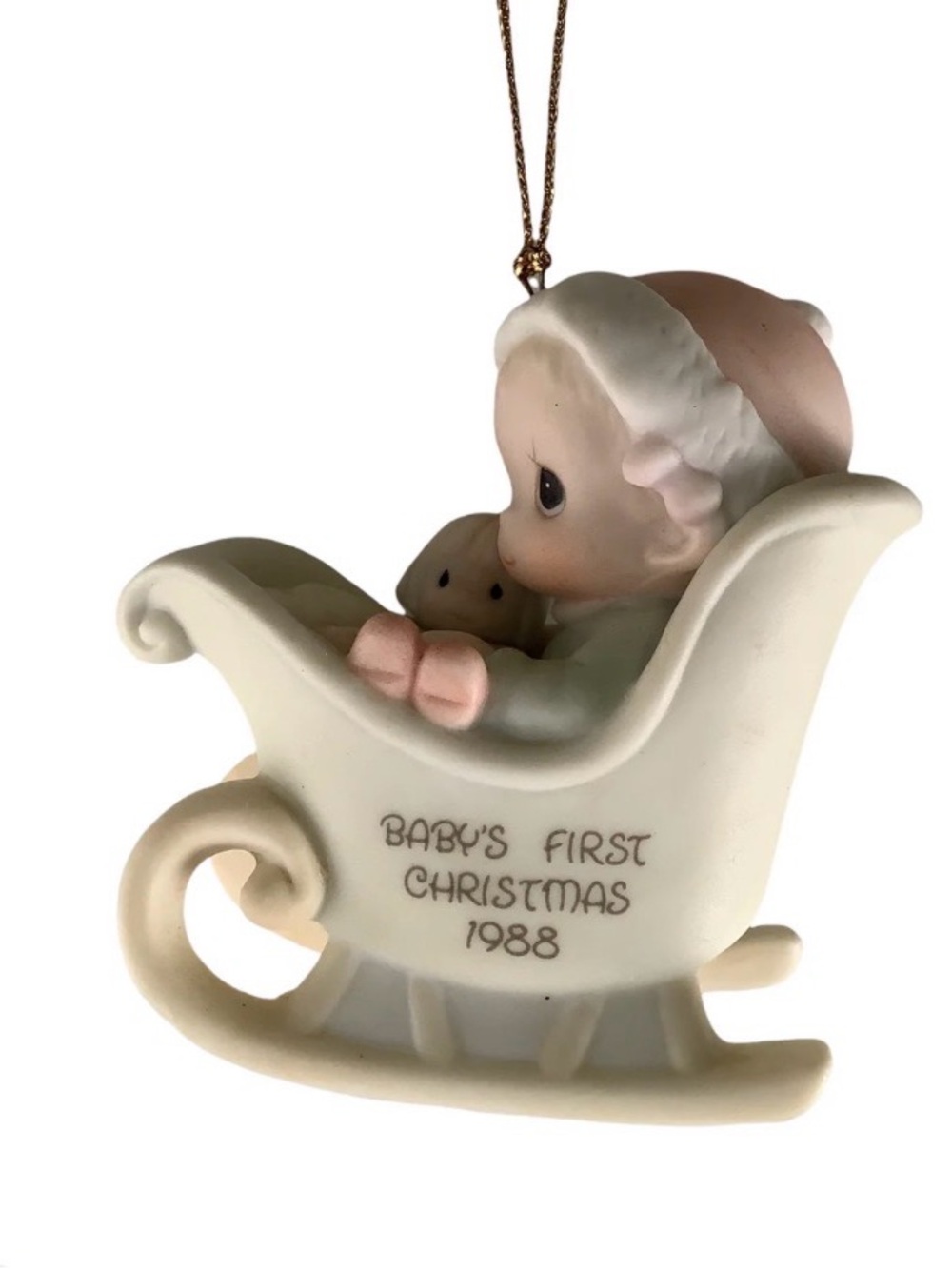 Precious Moments Pink and Cream Baby Sleigh Ornament